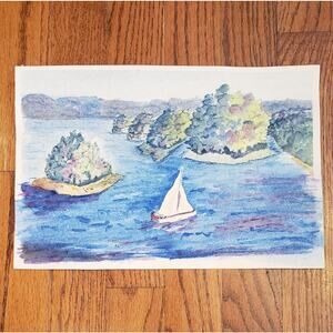 Original Watercolor Lake Boat Nature M Bevarly Cotton Paper Unframed 11.5 x 7.5"